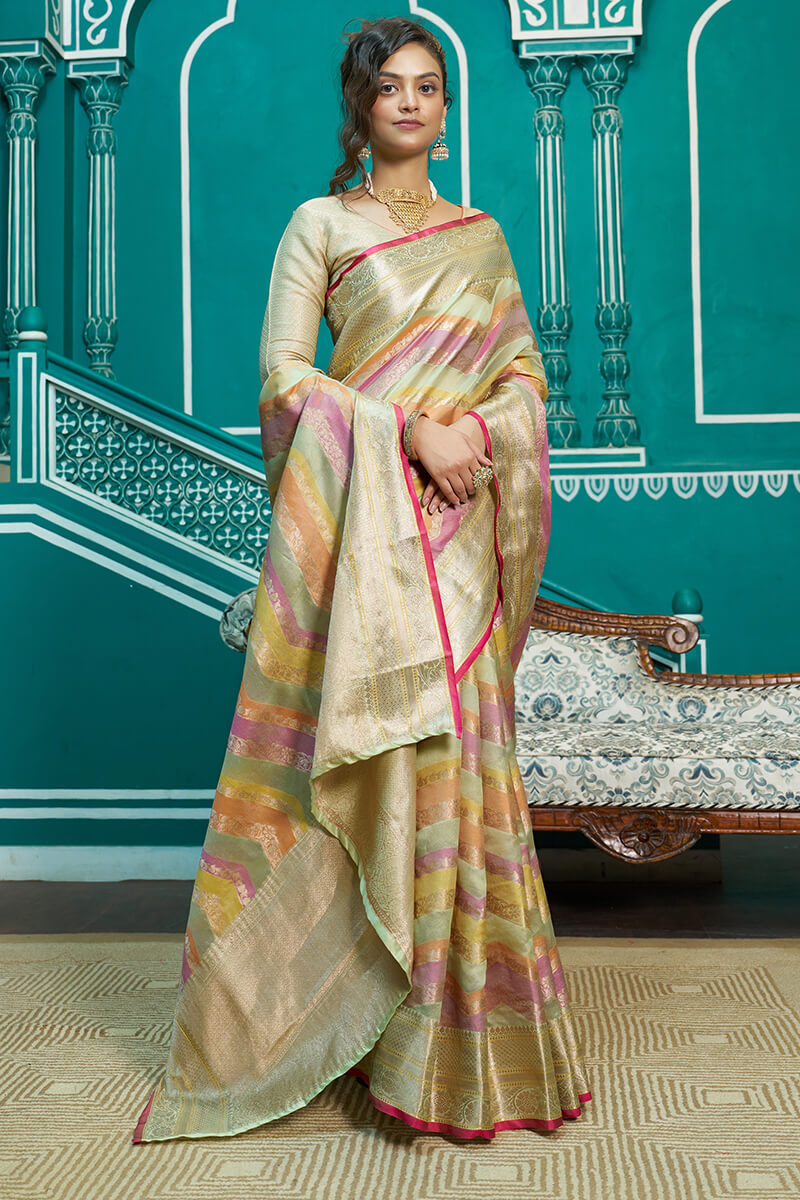 Splendorous Pista Organza Silk Saree With Inspiring Blouse Piece