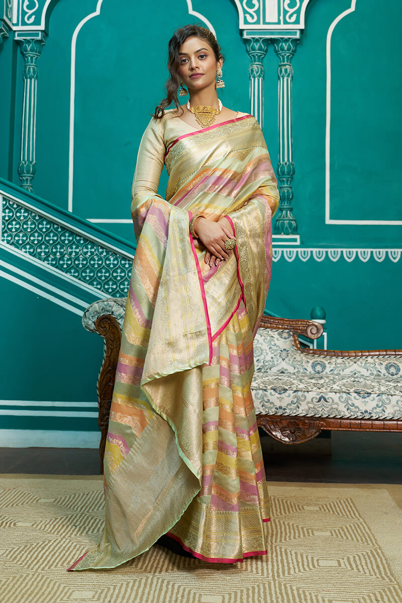 Splendorous Pista Organza Silk Saree With Inspiring Blouse Piece