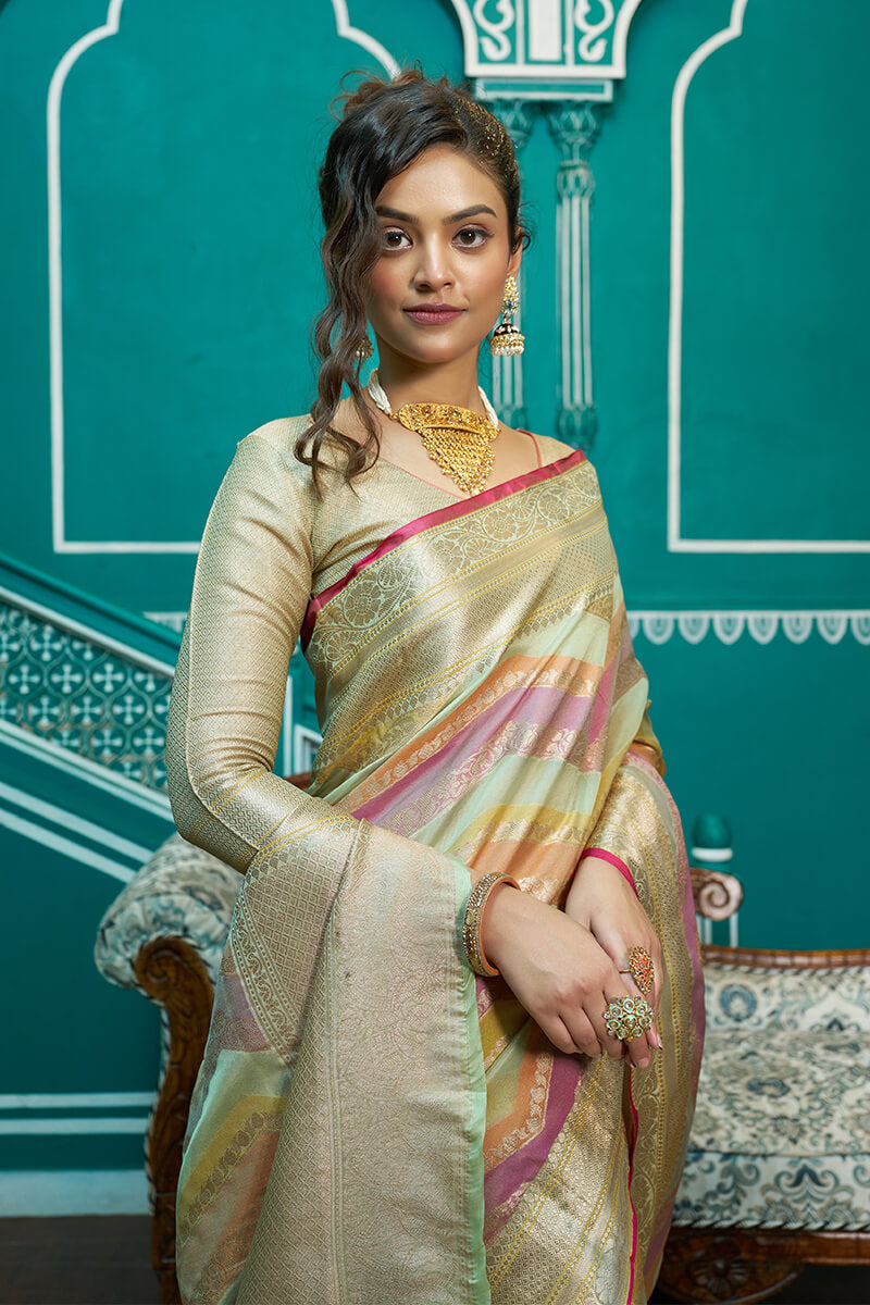 Splendorous Pista Organza Silk Saree With Inspiring Blouse Piece