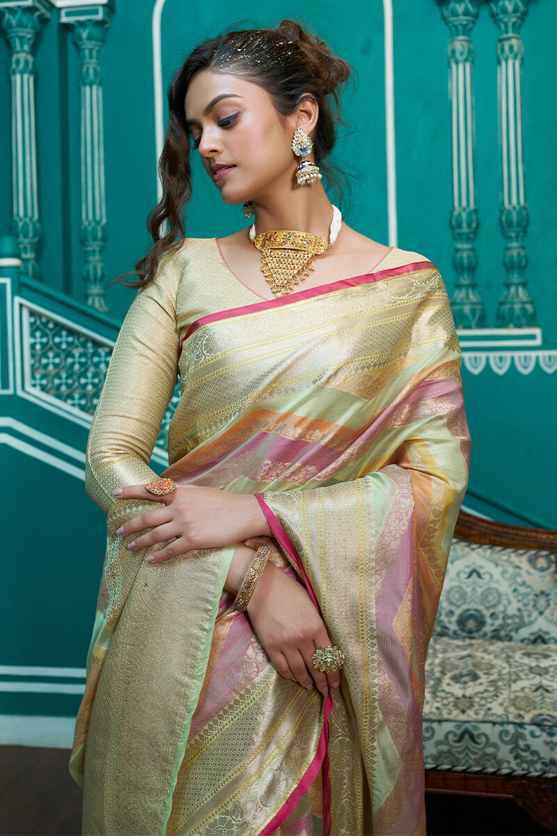 Splendorous Pista Organza Silk Saree With Inspiring Blouse Piece