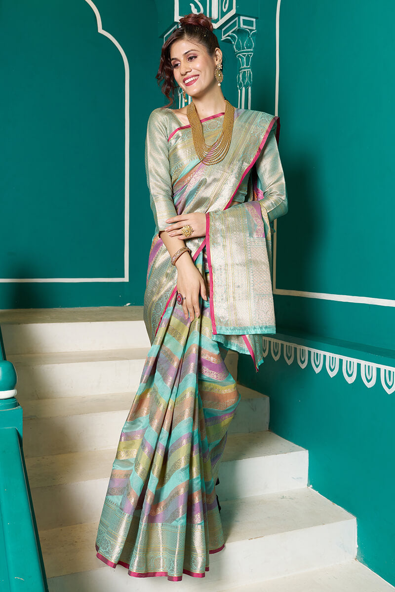 Tempting Sky Organza Silk Saree With Stunner Blouse Piece