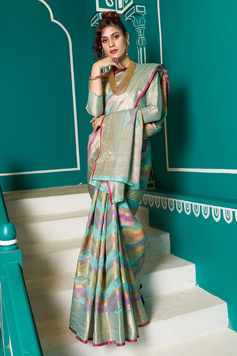 Tempting Sky Organza Silk Saree With Stunner Blouse Piece
