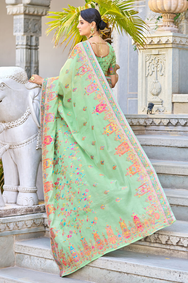 Arresting Pista Pashmina saree With Gleaming Blouse Piece