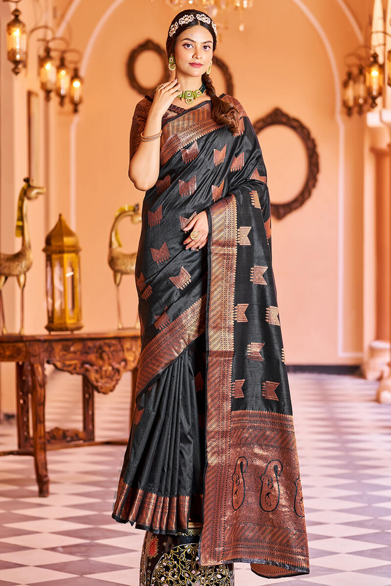 Admirable Black Soft Banarasi Silk Saree With Adorable Blouse Piece