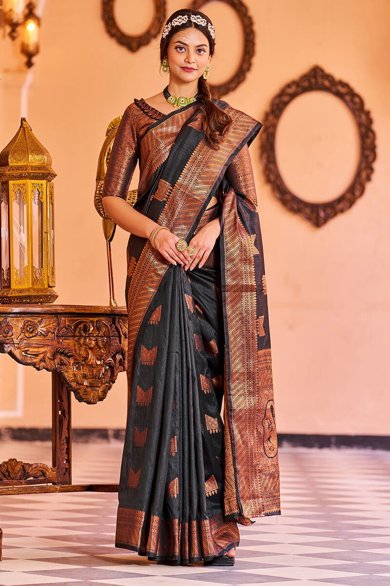 Admirable Black Soft Banarasi Silk Saree With Adorable Blouse Piece