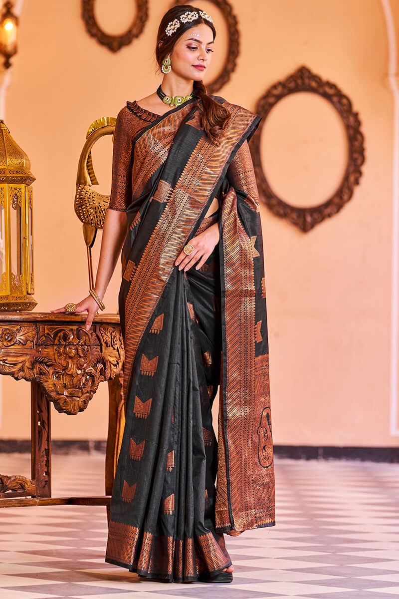 Admirable Black Soft Banarasi Silk Saree With Adorable Blouse Piece