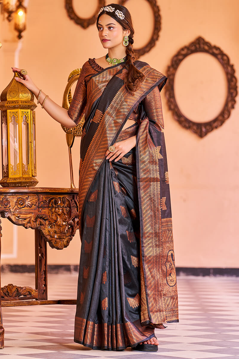 Admirable Black Soft Banarasi Silk Saree With Adorable Blouse Piece