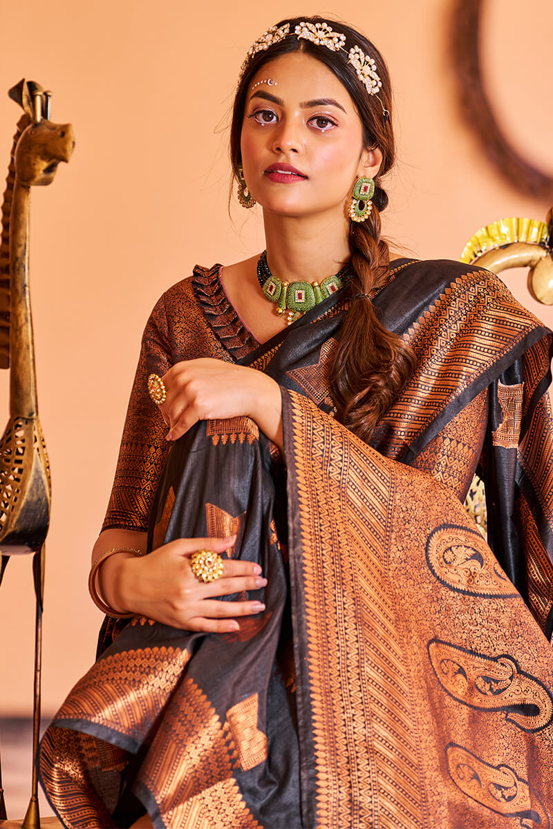Admirable Black Soft Banarasi Silk Saree With Adorable Blouse Piece