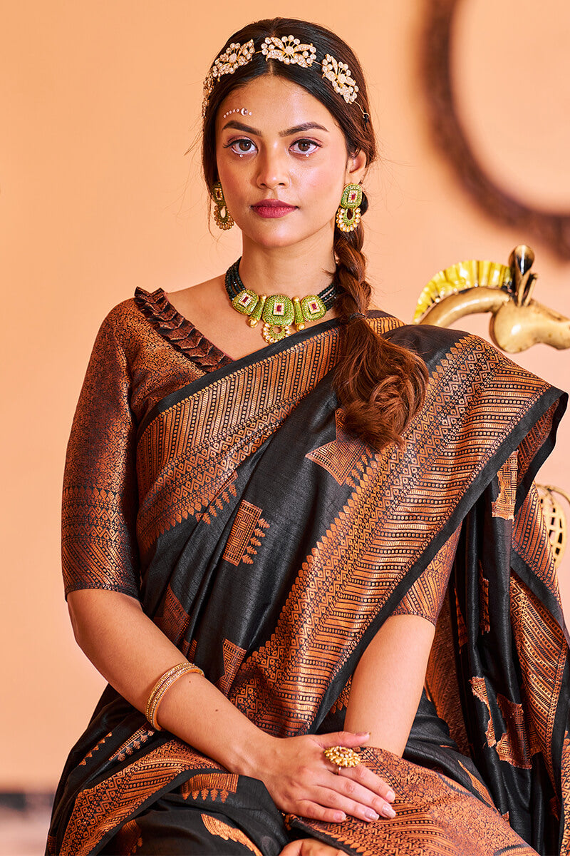 Admirable Black Soft Banarasi Silk Saree With Adorable Blouse Piece