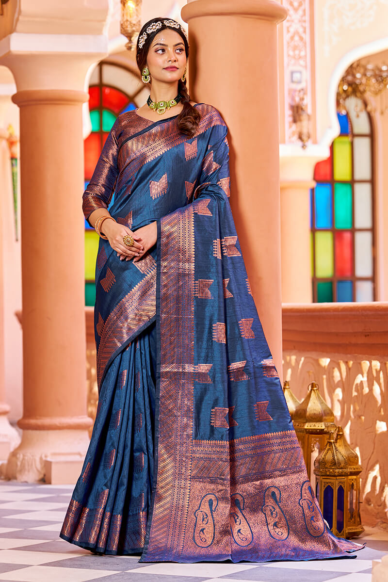 Classic Navy Blue Soft Banarasi Silk Saree With Designer Blouse Piece