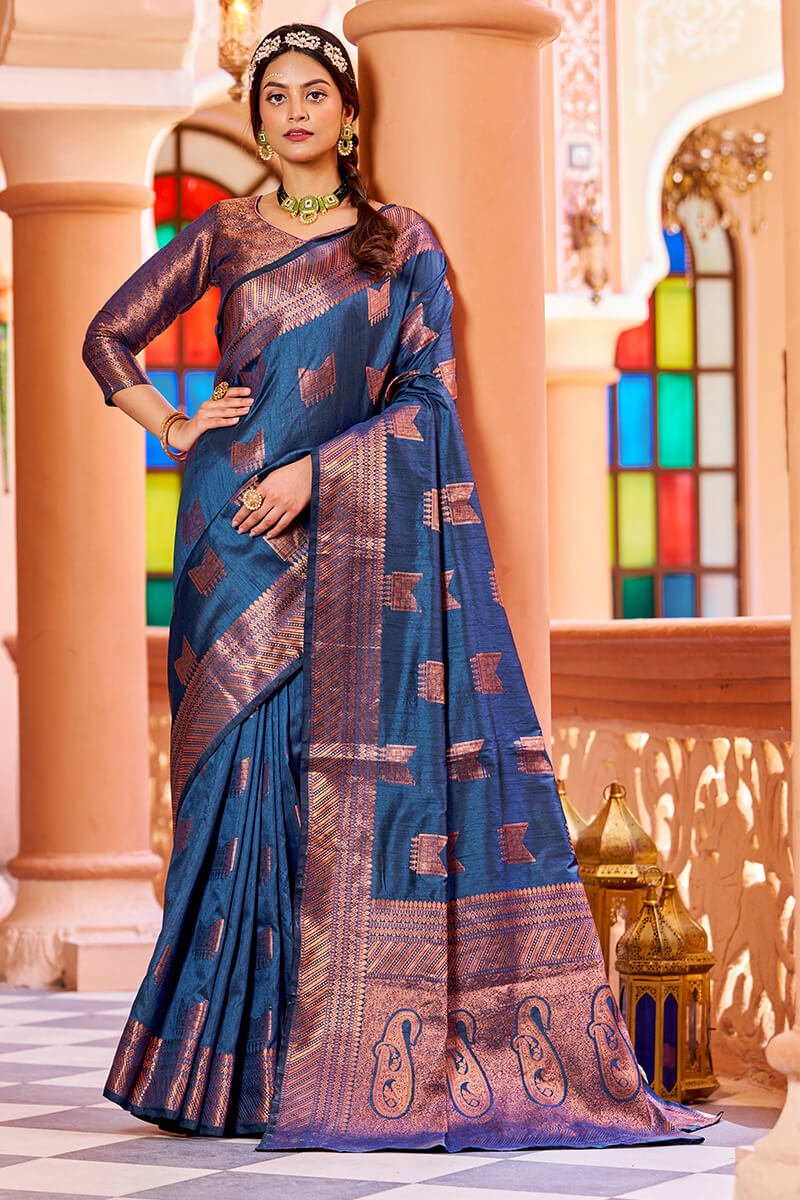 Classic Navy Blue Soft Banarasi Silk Saree With Designer Blouse Piece