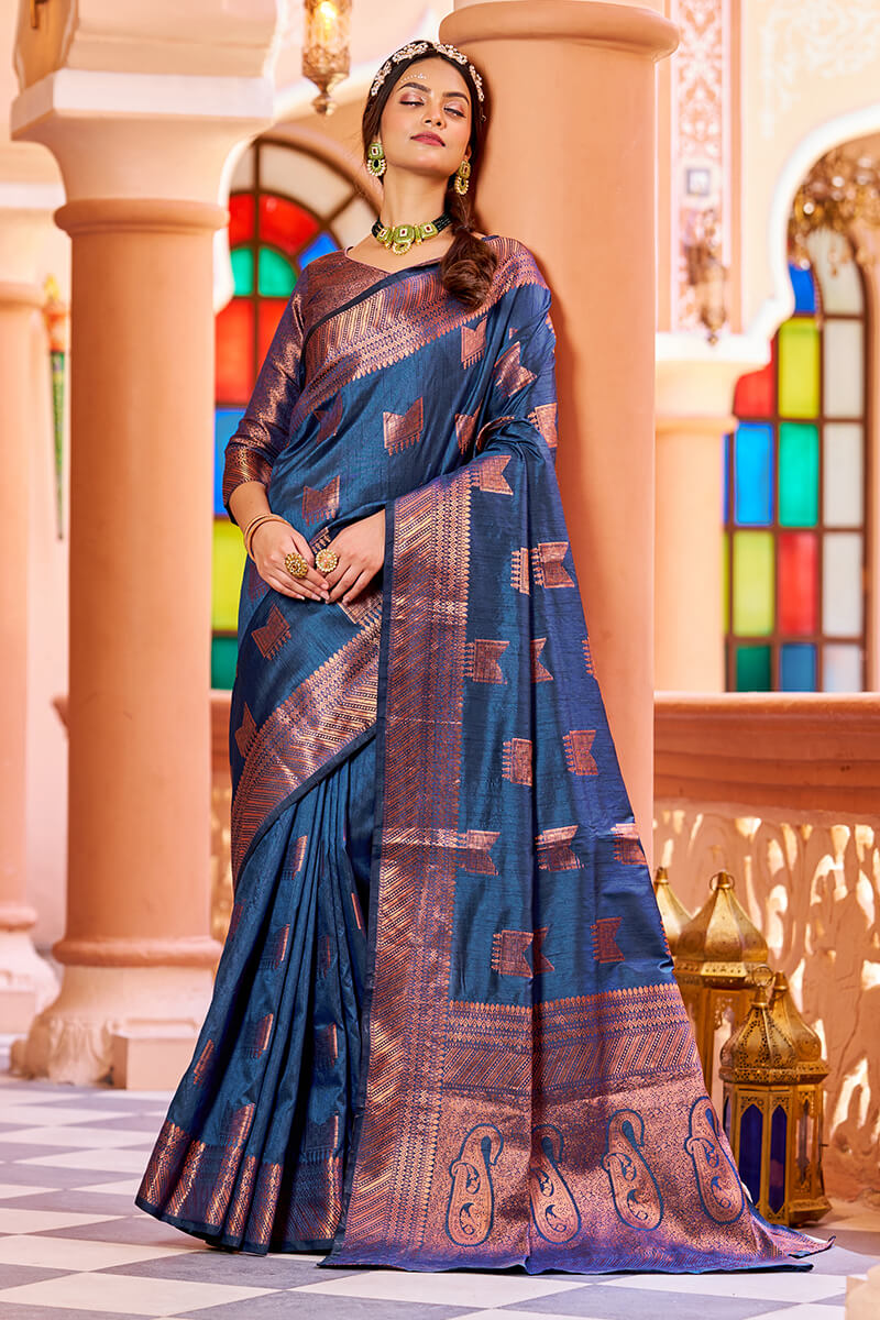 Classic Navy Blue Soft Banarasi Silk Saree With Designer Blouse Piece