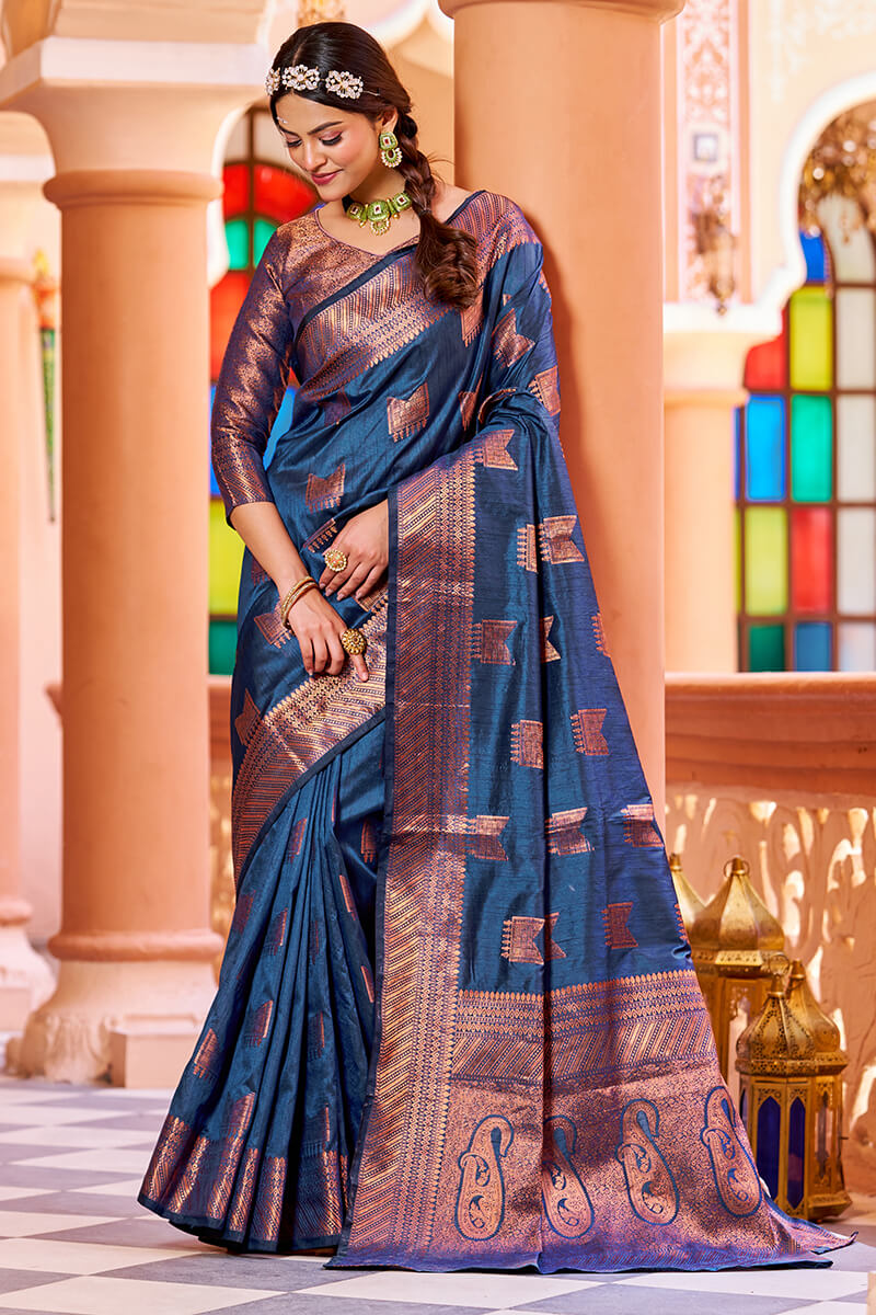 Classic Navy Blue Soft Banarasi Silk Saree With Designer Blouse Piece
