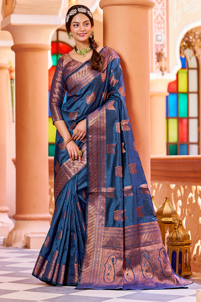 Classic Navy Blue Soft Banarasi Silk Saree With Designer Blouse Piece