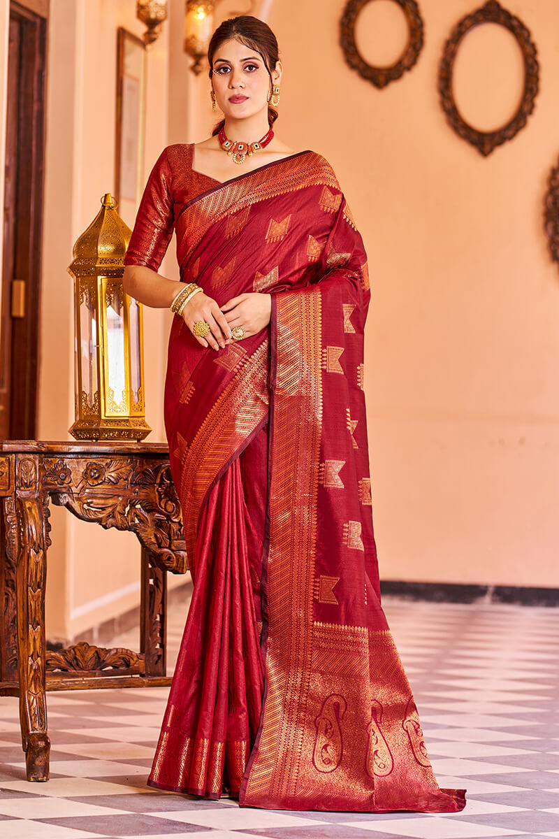 Majesty Red Soft Banarasi Silk Saree With Opulent Blouse Piece