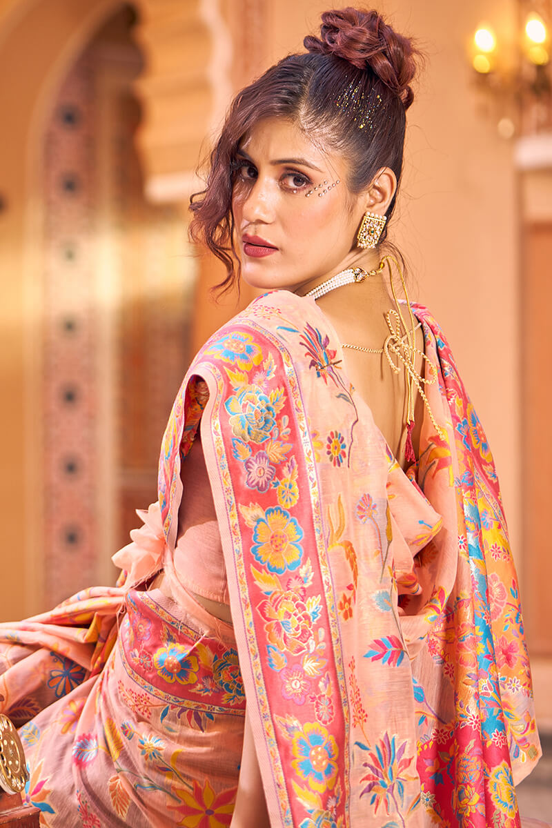 Impressive Peach Linen Silk Saree With Groovy Blouse Piece