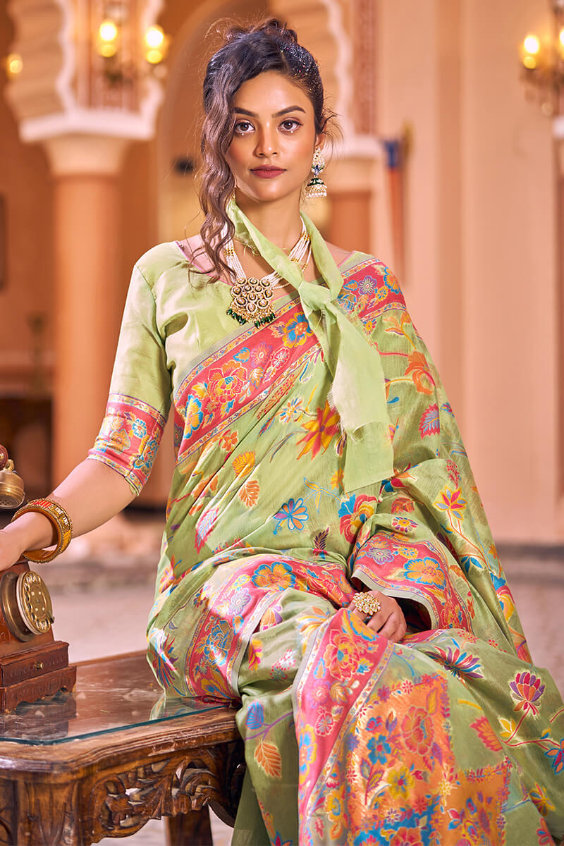 Surpassing Pista Linen Silk Saree With Flamboyant Blouse Piece