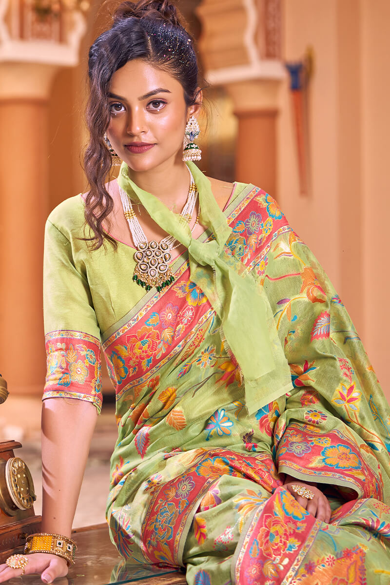 Surpassing Pista Linen Silk Saree With Flamboyant Blouse Piece