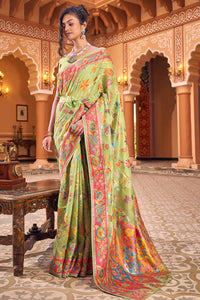 Dazzling Pista Linen Silk Saree With Flamboyant Blouse Piece