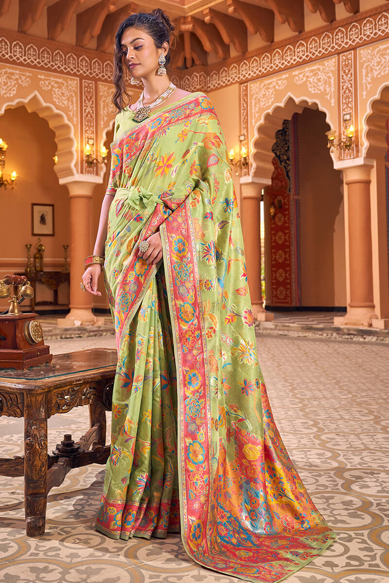 Surpassing Pista Linen Silk Saree With Flamboyant Blouse Piece