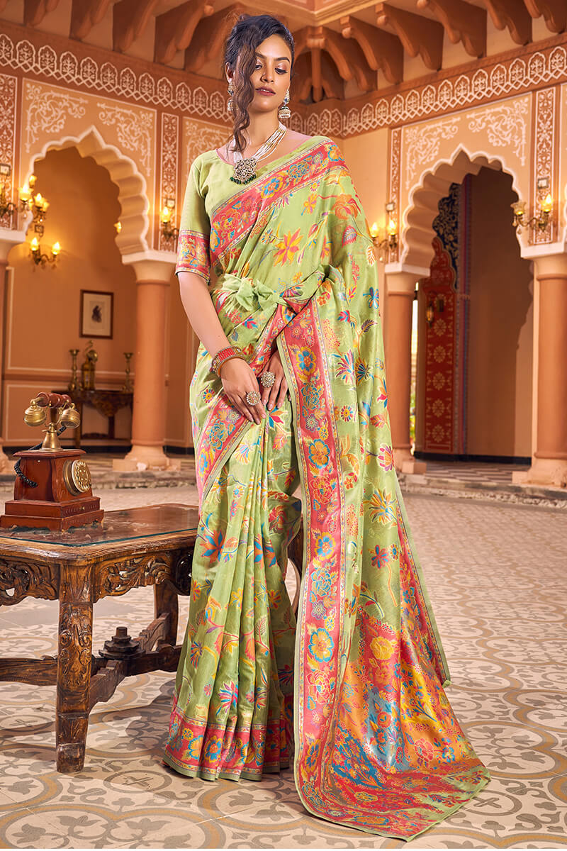 Dazzling Pista Linen Silk Saree With Flamboyant Blouse Piece