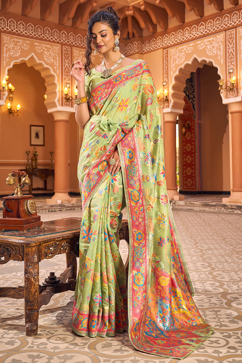 Surpassing Pista Linen Silk Saree With Flamboyant Blouse Piece