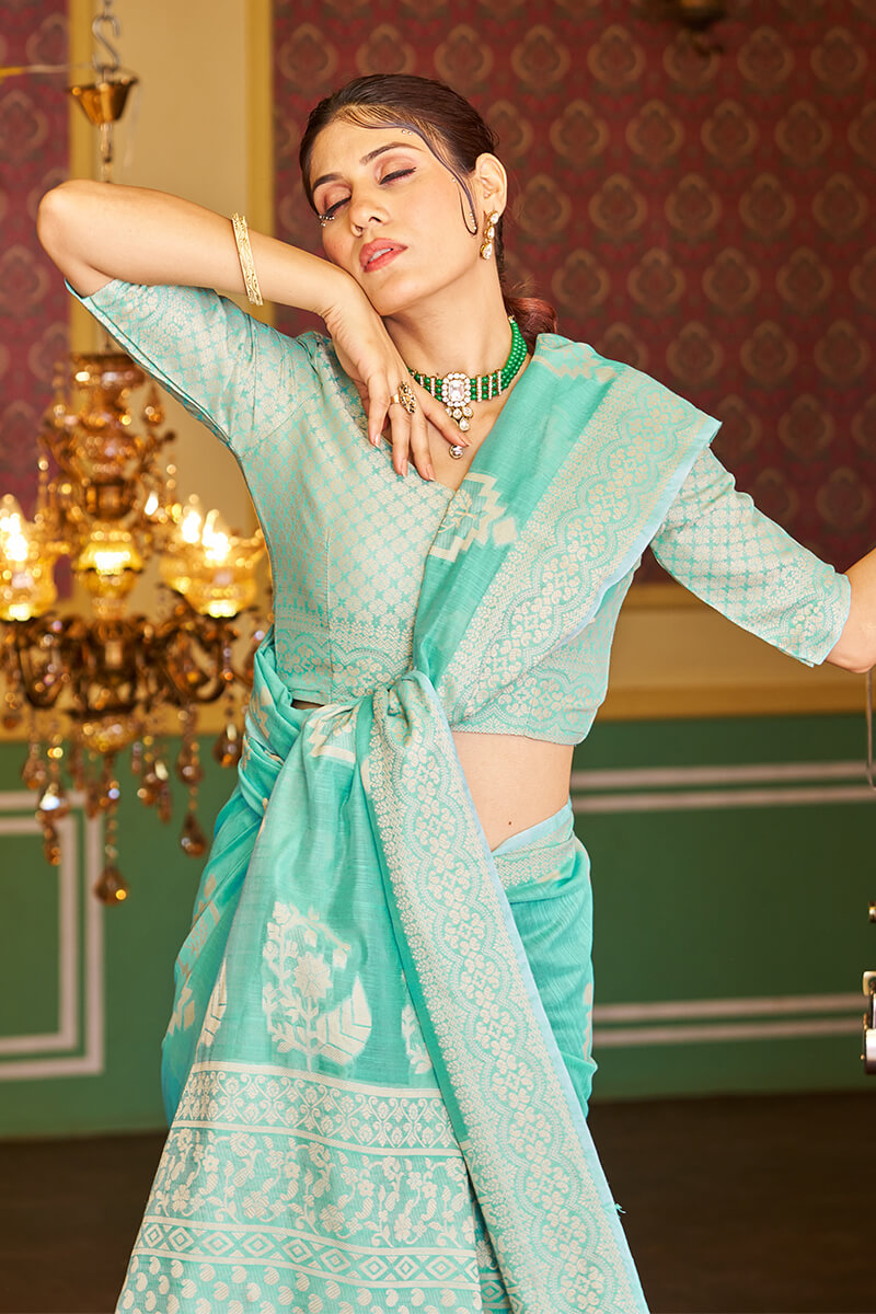 Forbearance Turquoise Linen Silk Saree With Lagniappe Blouse Piece