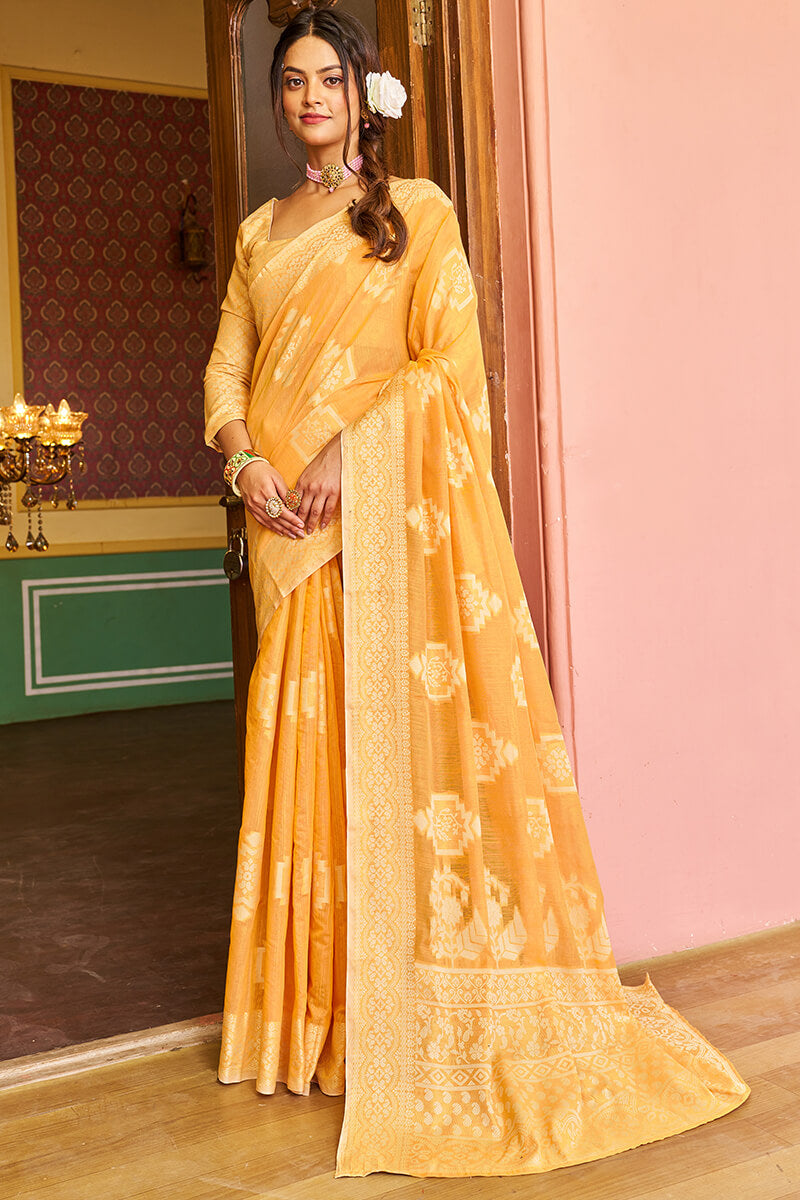 Murmurous Yellow Linen Silk Saree With Propinquity Blouse Piece