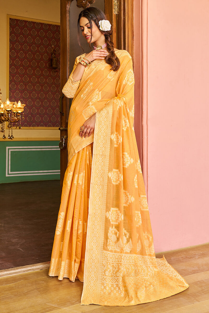 Murmurous Yellow Linen Silk Saree With Propinquity Blouse Piece