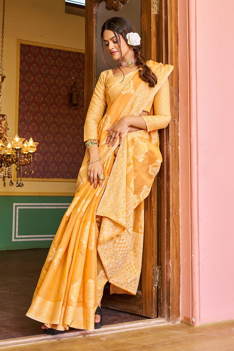 Murmurous Yellow Linen Silk Saree With Propinquity Blouse Piece