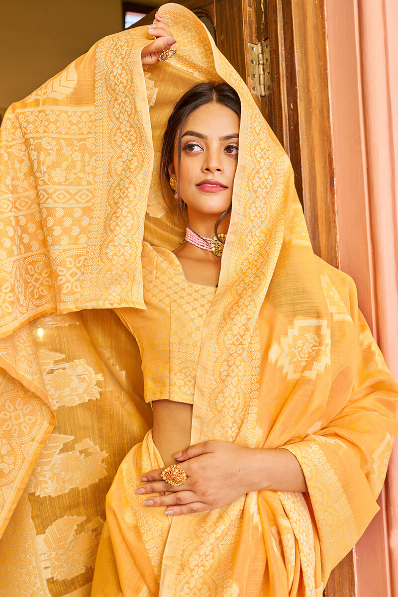 Murmurous Yellow Linen Silk Saree With Propinquity Blouse Piece