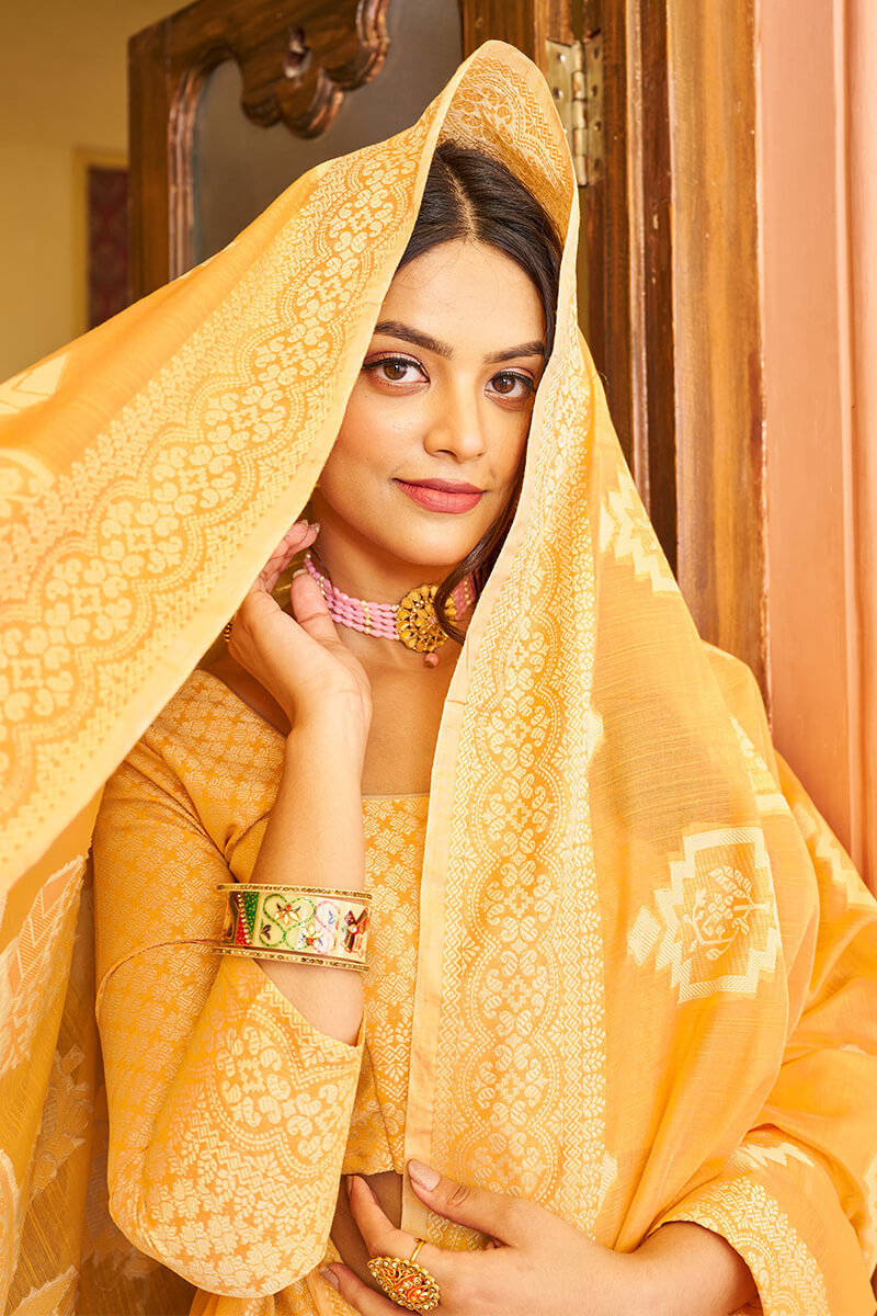 Murmurous Yellow Linen Silk Saree With Propinquity Blouse Piece