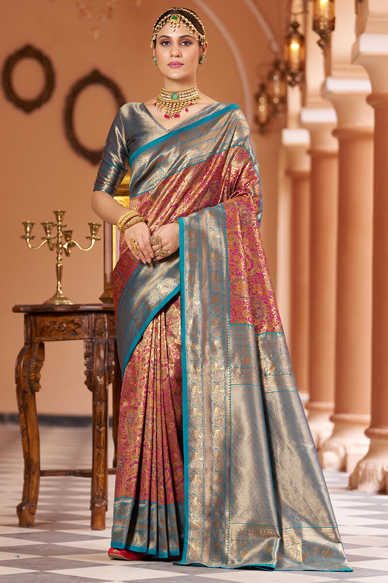 Inspiring Multicolor Kanjivaram Silk Saree With Luxuriant Blouse Piece