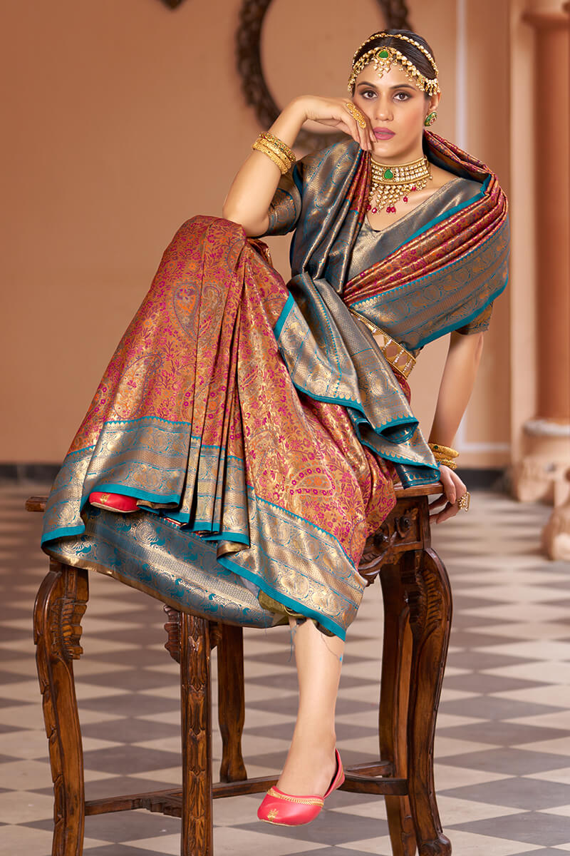Inspiring Multicolor Kanjivaram Silk Saree With Luxuriant Blouse Piece