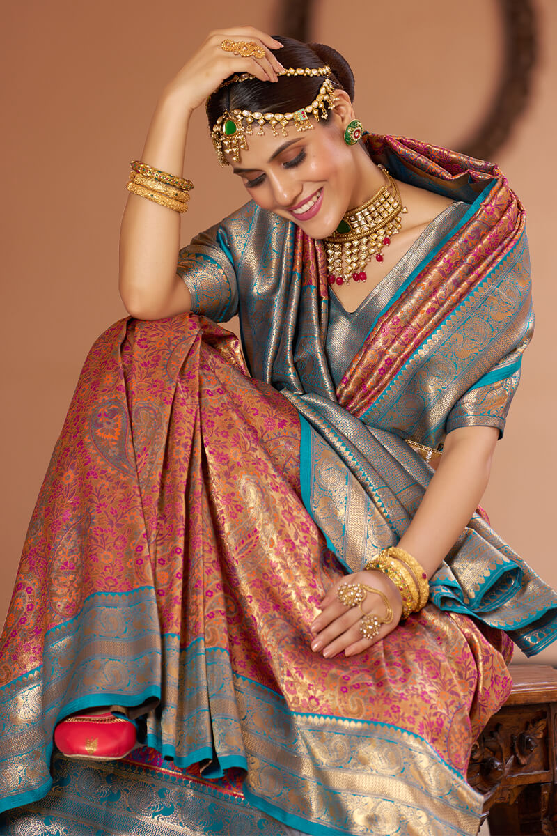 Inspiring Multicolor Kanjivaram Silk Saree With Luxuriant Blouse Piece