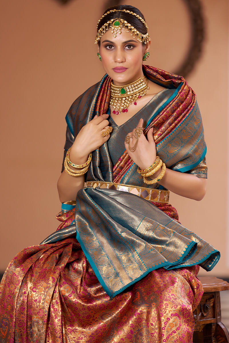 Inspiring Multicolor Kanjivaram Silk Saree With Luxuriant Blouse Piece