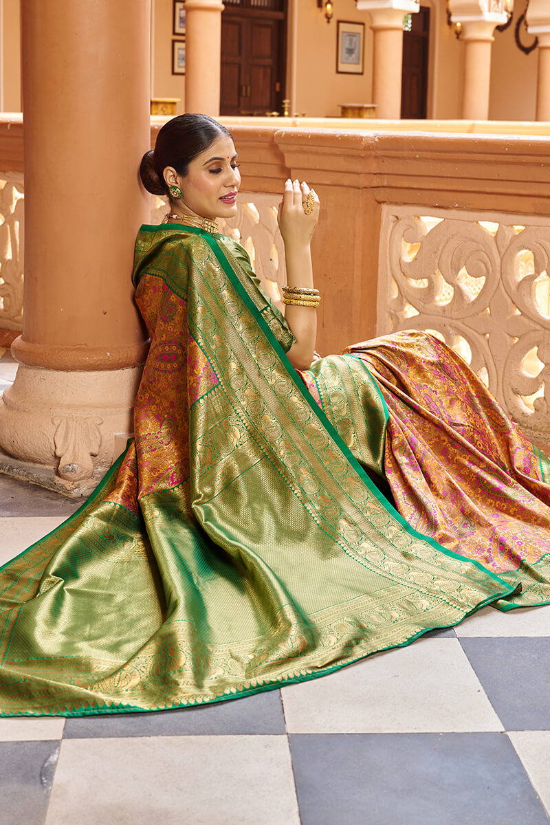 Stunner Multicolor Kanjivaram Silk Saree With Propinquity Blouse Piece