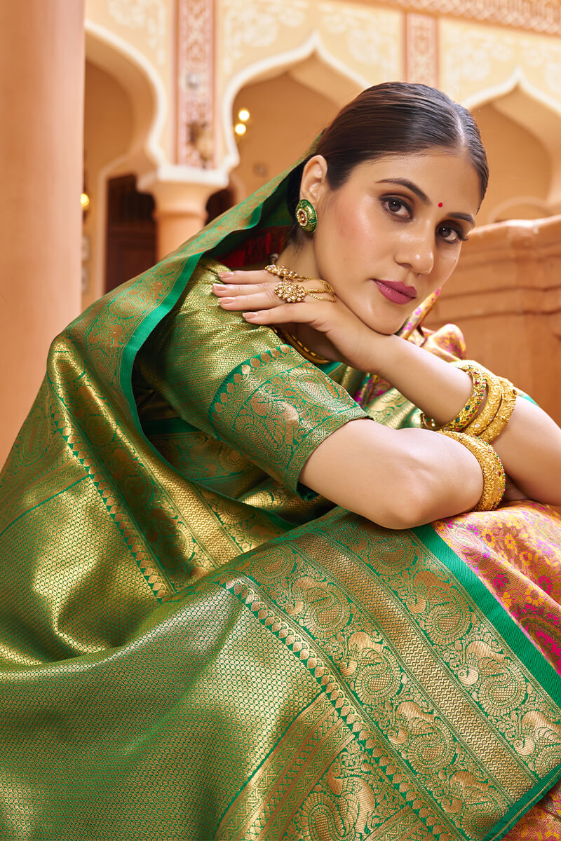 Stunner Multicolor Kanjivaram Silk Saree With Propinquity Blouse Piece