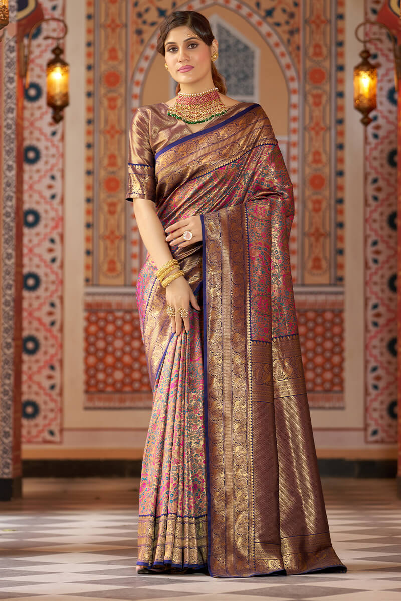 Twirling Multicolor Kanjivaram Silk Saree With Mellifluous Blouse Piece