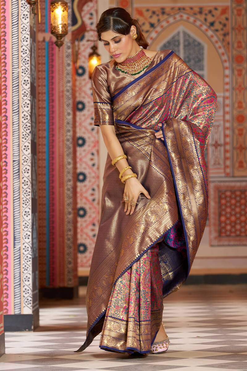 Twirling Multicolor Kanjivaram Silk Saree With Mellifluous Blouse Piece