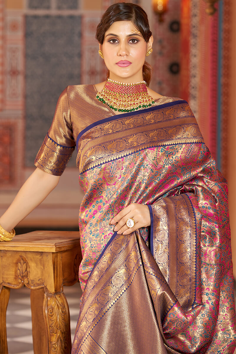 Twirling Multicolor Kanjivaram Silk Saree With Mellifluous Blouse Piece