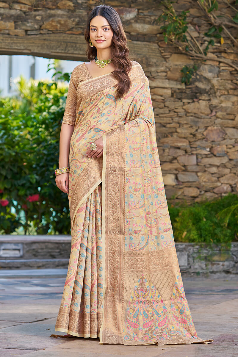 Lissome Beige Pashmina saree With Redolent Blouse Piece