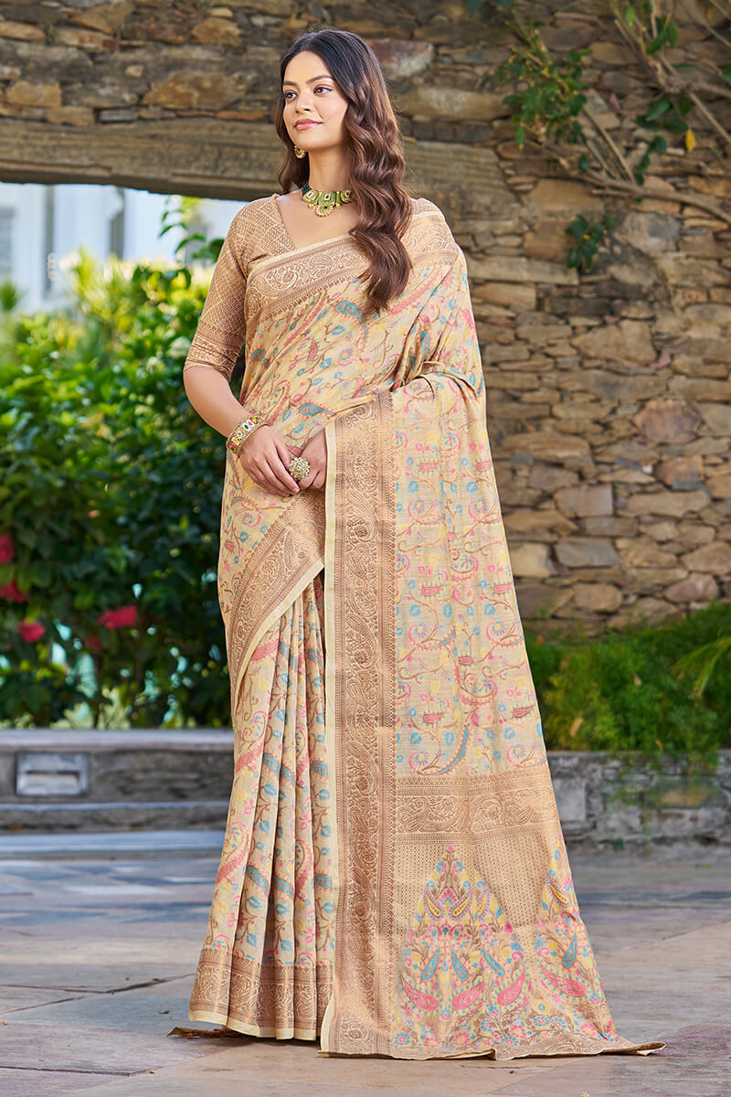 Lissome Beige Pashmina saree With Redolent Blouse Piece