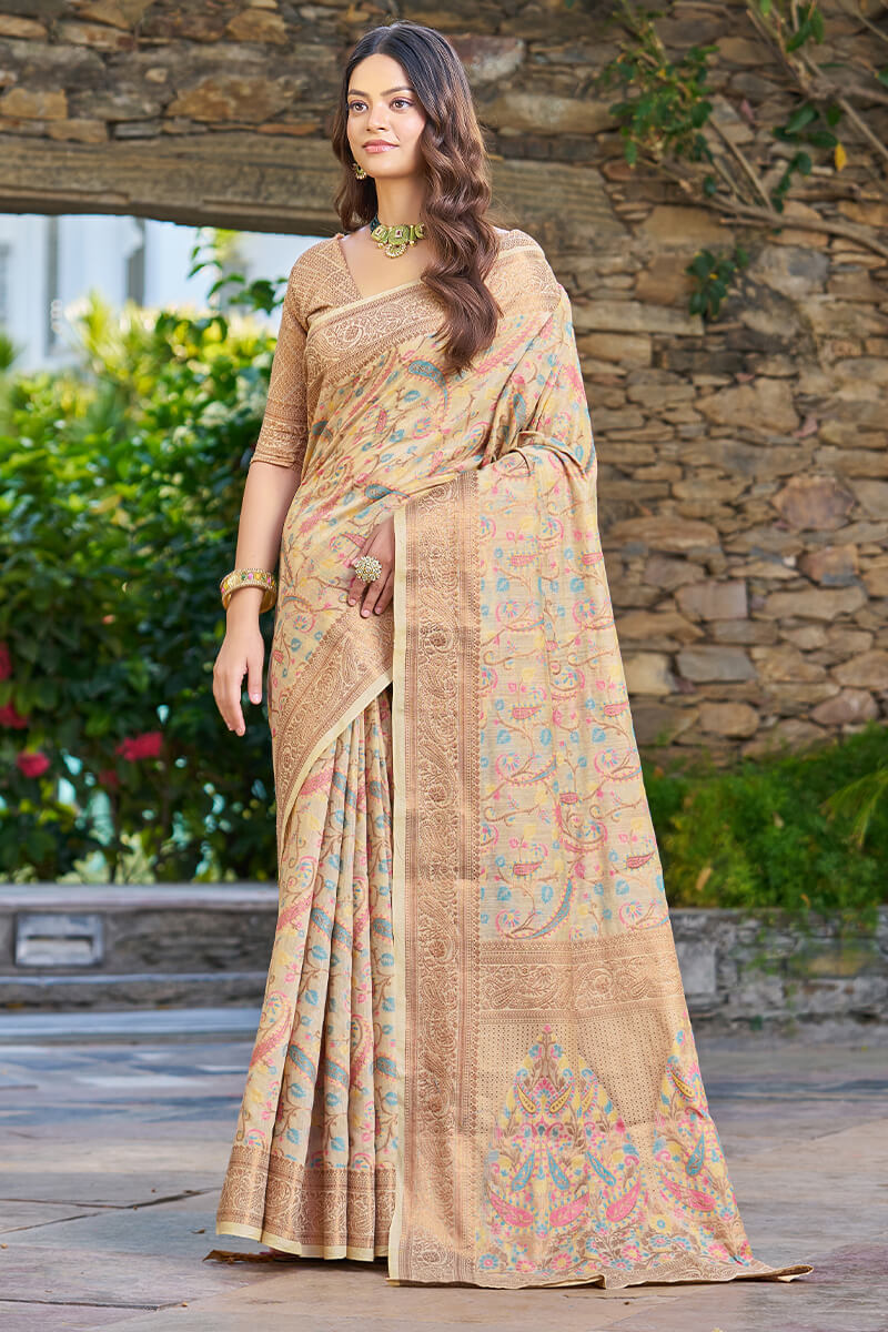 Lissome Beige Pashmina saree With Redolent Blouse Piece