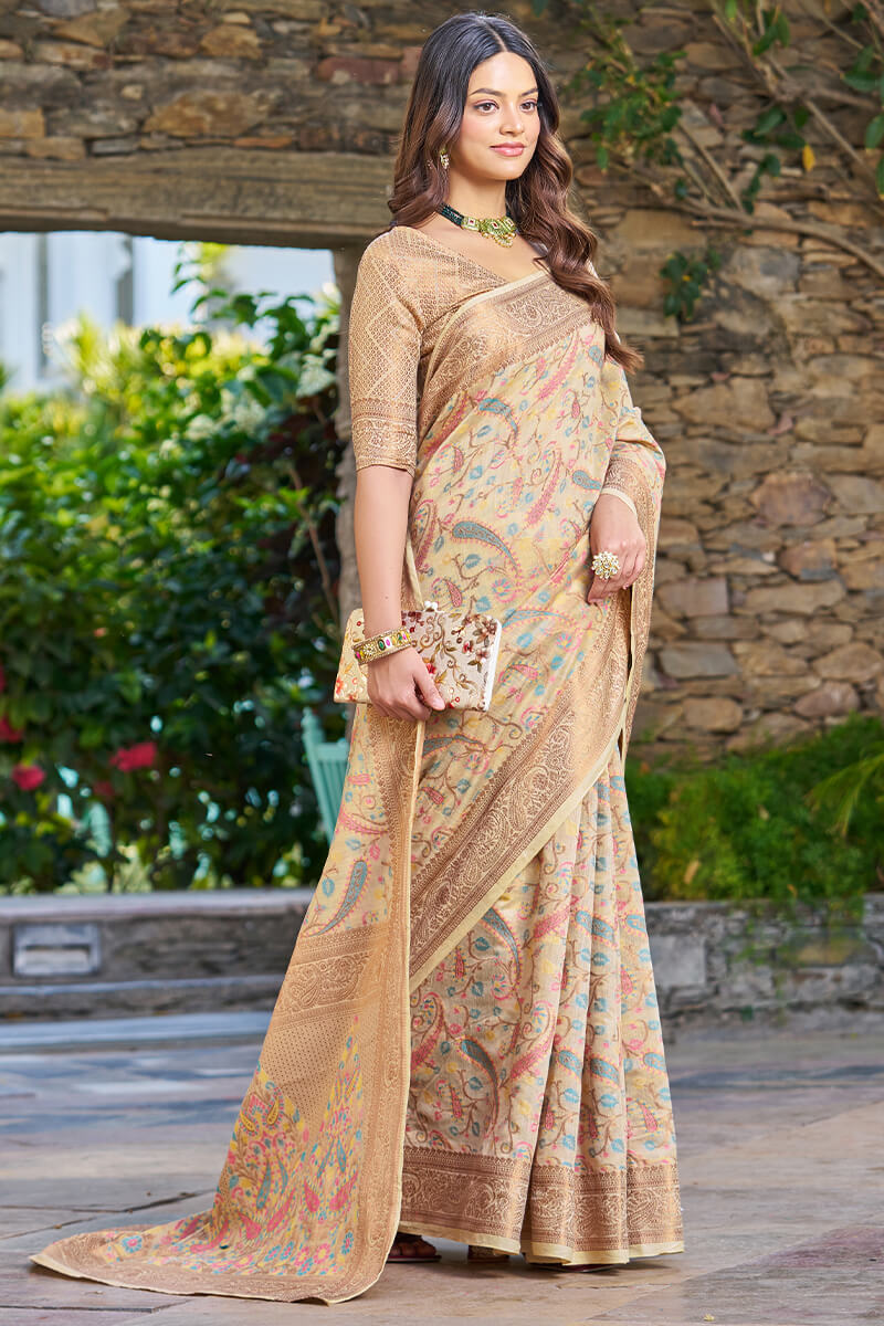Lissome Beige Pashmina saree With Redolent Blouse Piece