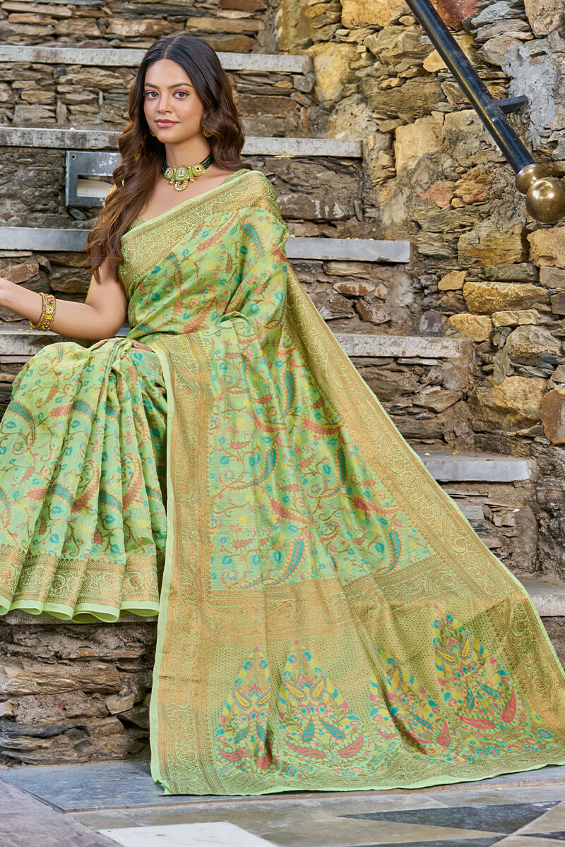 Adoring Pista Pashmina saree With Gratifying Blouse Piece