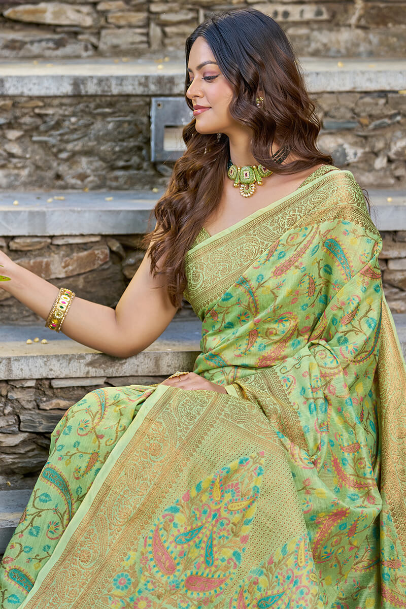 Adoring Pista Pashmina saree With Gratifying Blouse Piece