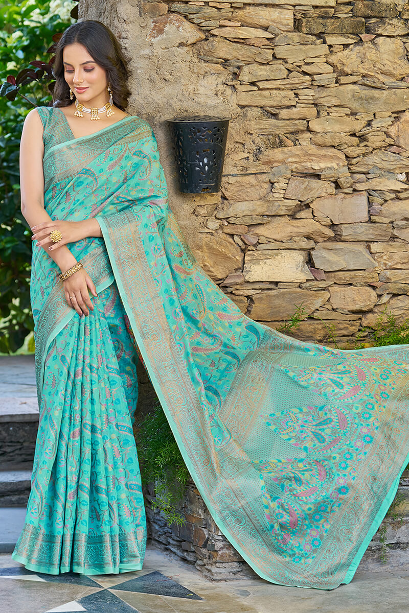 Beauteous Turquoise Pashmina saree With Woebegone Blouse Piece