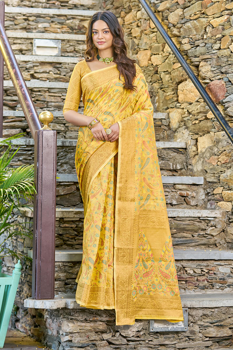 Desuetude Yellow Pashmina saree With Ratatouille Blouse Piece