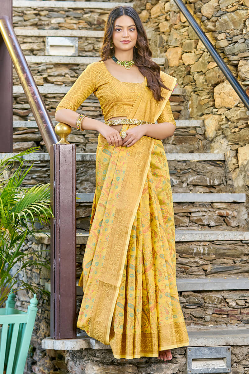 Desuetude Yellow Pashmina saree With Ratatouille Blouse Piece